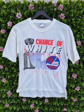 Playoffs 1990 Crew Neck Winnipeg Jets NHL T-shirt Charge of the White Brigade"